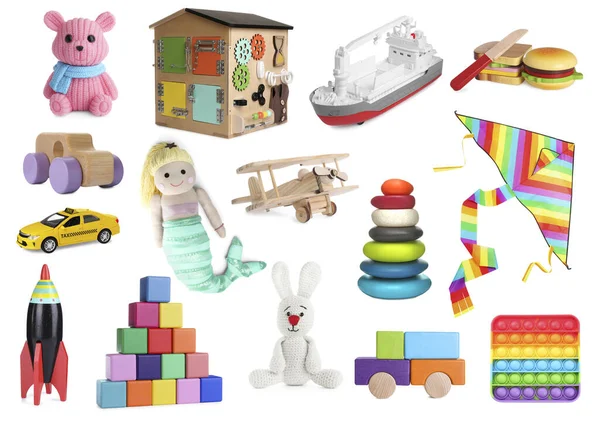 Колаж Багатьма Різними Іграшками Білому Тлі — стокове фото