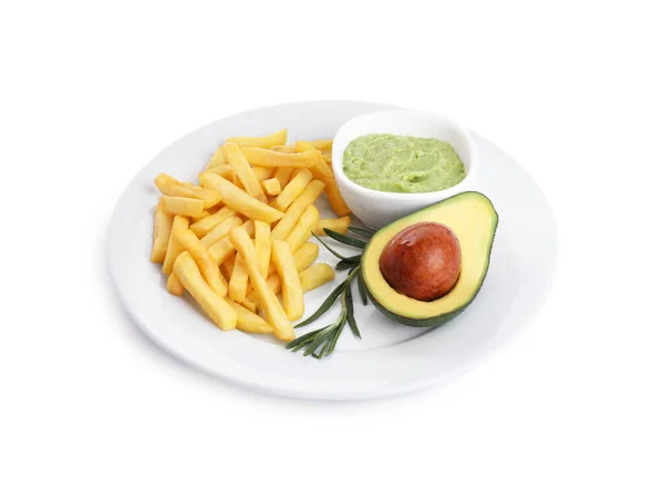 Bord Met Heerlijke Frietjes Avocado Dip Geïsoleerd Wit — Stockfoto