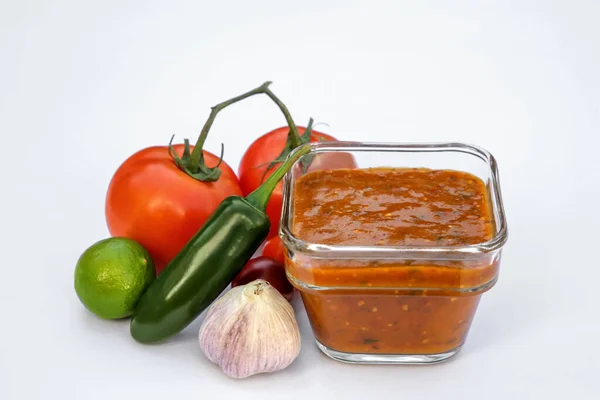 Delicious Salsa Sauce Ingredients White Background — Foto Stock
