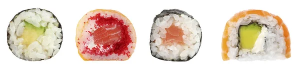 Set Deliziosi Diversi Rotoli Sushi Sfondo Bianco — Foto Stock