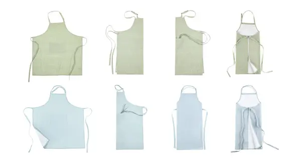 Collage Different Aprons White Background Top View — Stock Photo, Image
