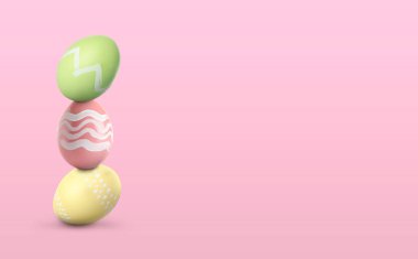 Pembe arka planda Paskalya yumurtaları yığını, metin için boşluk