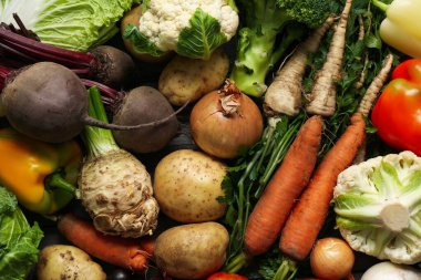 Different fresh vegetables as background, top view. Farmer harvesting clipart