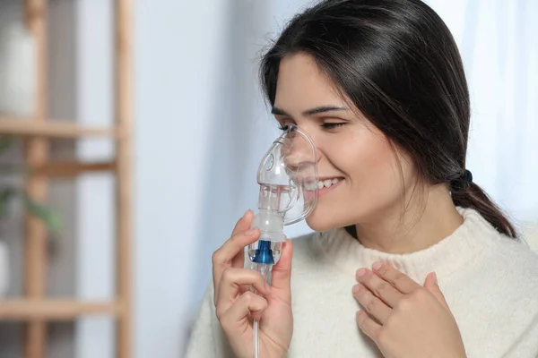 Sick Young Woman Using Nebulizer Home Space Text — Stockfoto