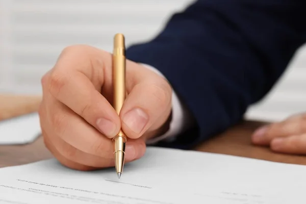 Man Signing Document Table Closeup View — Stock Fotó