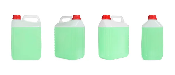 Plastic Canister Light Green Liquid White Background Different Sides — Stock Photo, Image