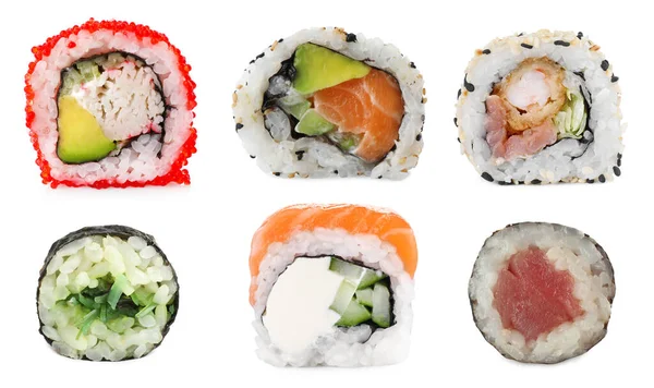 Sada Lahodné Různé Sushi Rolky Bílém Pozadí — Stock fotografie