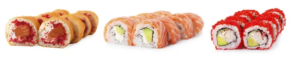 Set Delicious Different Sushi Rolls White Background — Stock Photo, Image