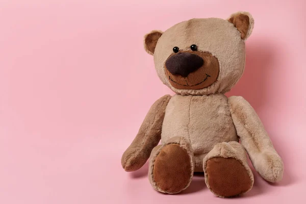 Cute Teddy Bear Pink Background Space Text — Stock Photo, Image