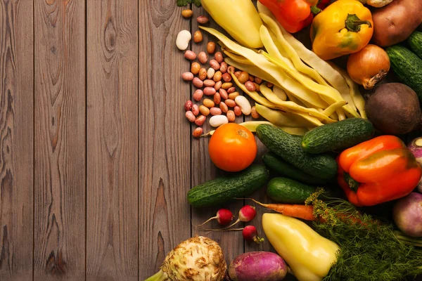 Different Fresh Vegetables Wooden Table Flat Lay Space Text Farmer — Stock Photo, Image