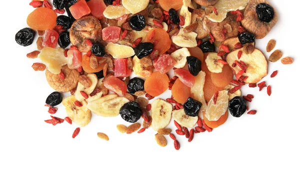 stock image Pile of different tasty dried fruits on white background, top view