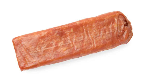 Metade Das Deliciosas Salsichas Defumadas Isoladas Branco Vista Superior — Fotografia de Stock