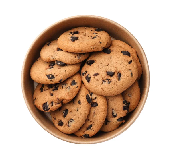 Delicious Chocolate Chip Cookies Bowl Isolated White Top View — Stock Photo, Image