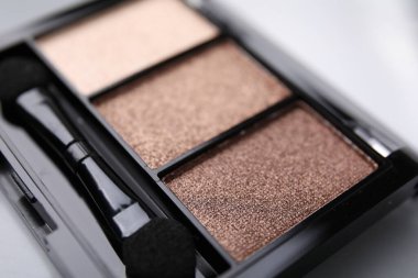 Beautiful eyeshadow palette and applicator as background, closeup. Professional cosmetic product