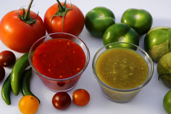 Bowls Delicious Salsa Sauces Ingredients White Background Closeup — Stock Photo, Image