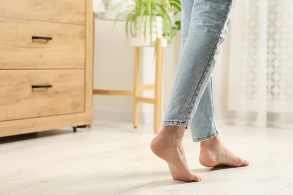 Woman Stepping Barefoot Room Home Closeup Space Text Floor Heating — Stock Photo, Image