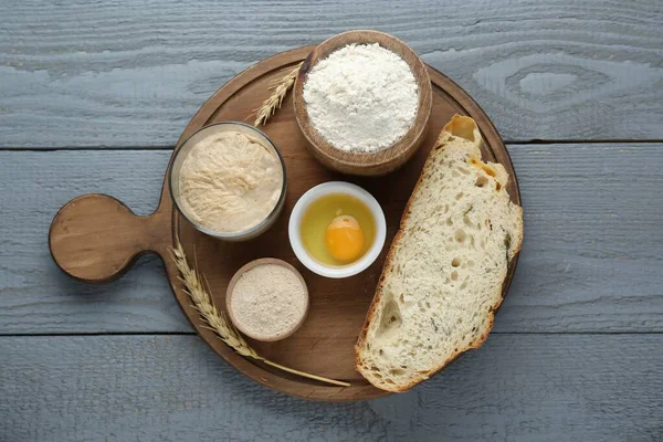 Slice Bread Ingredients Grey Wooden Table Top View — Stock Photo, Image