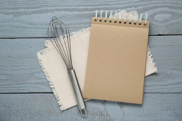 Blank Recipe Book Whisk Grey Wooden Table Flat Lay Space — Stock Photo, Image