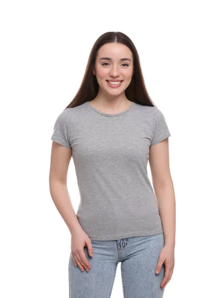 Mulher Vestindo Elegante Camiseta Cinza Fundo Branco — Fotografia de Stock