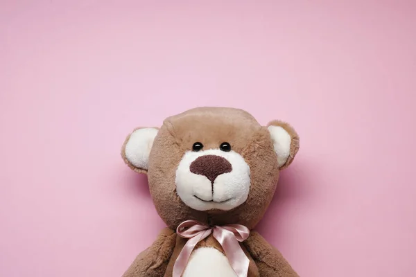 Cute teddy bear on pink background, top view
