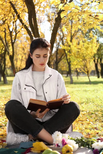 Woman Reading Book Park Autumn Day — Stock Photo, Image