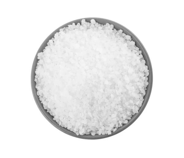 Natural Sea Salt Grey Bowl Isolated White Top View — Stock Photo, Image