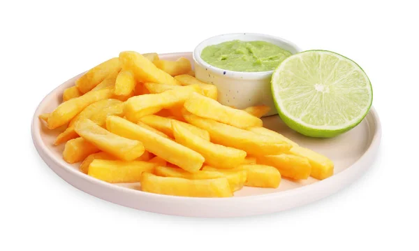 Plate Delicious French Fries Avocado Dip Lime Isolated White — Stockfoto