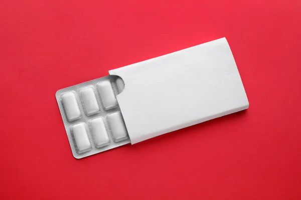 Blister Chewing Gums Red Background Top View — Stock Fotó