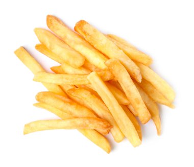Delicious fresh french fries on white background, top view