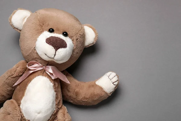 Cute Teddy Bear Gray Background Top View Space Text — Stock Photo, Image