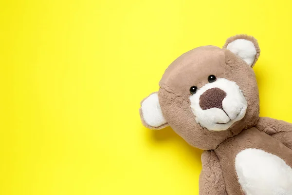 Cute Teddy Bear Yellow Background Top View Space Text — Stock Photo, Image