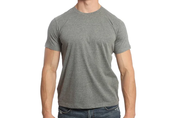 Man Wearing Grey Shirt White Background Closeup Mockup Design — Stockfoto