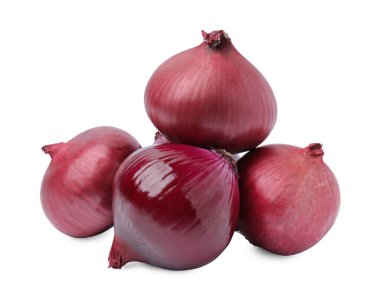 Many fresh red onions on white background