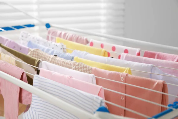 Clean Laundry Hanging Drying Rack Indoors Closeup — Stock Photo, Image