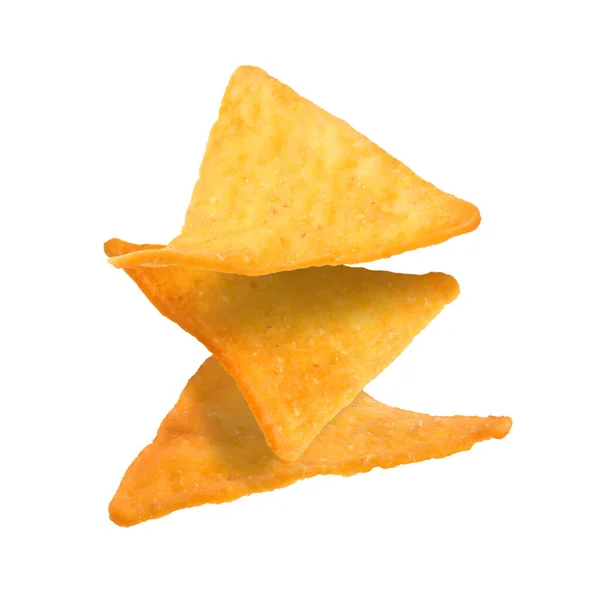 Drie Smakelijke Tortilla Chips Witte Achtergrond — Stockfoto