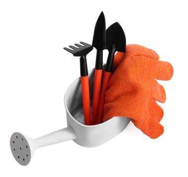 Sulama kutusu ve bahçe araçları beyaz arka planda, yukarıdan görünüm