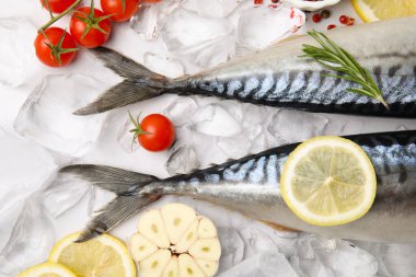 Lezzetli çiğ uskumru ile bembeyaz mermer masa üzerinde düz kompozisyon