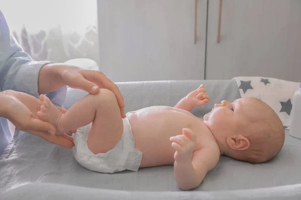 Mother Changing Baby Diaper Table Indoors Closeup — Stock Fotó