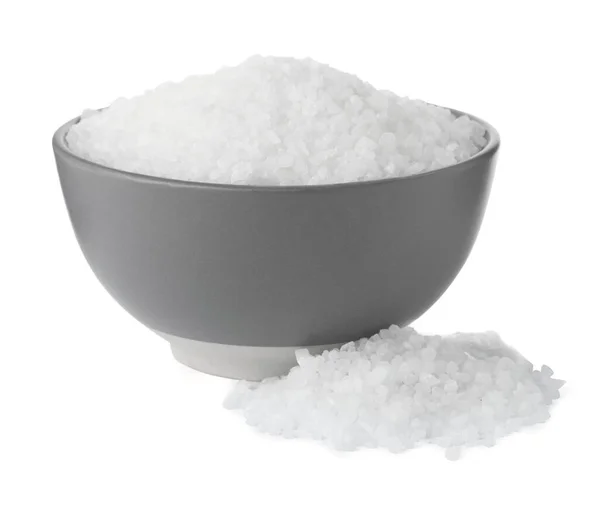 Natural Sea Salt Grey Bowl White Background — Stock Photo, Image