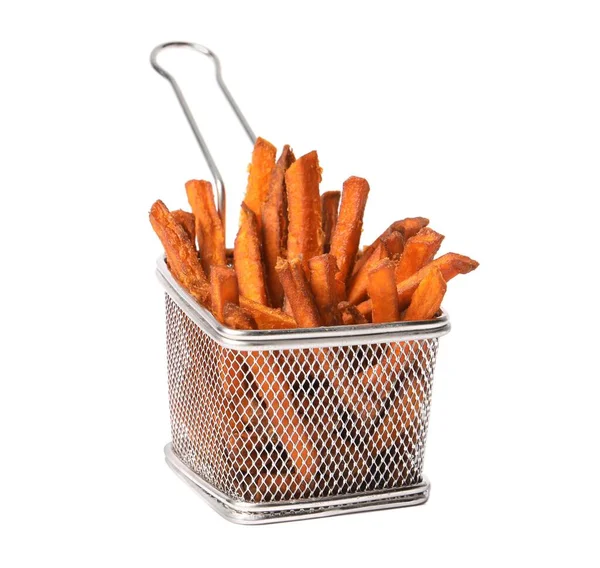 Delicious Sweet Potato Fries Frying Basket Isolated White — 스톡 사진
