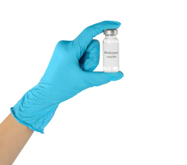 Enfermeira Segurando Frasco Vidro Vacina Contra Varíola Macaco Fundo Branco — Fotografia de Stock