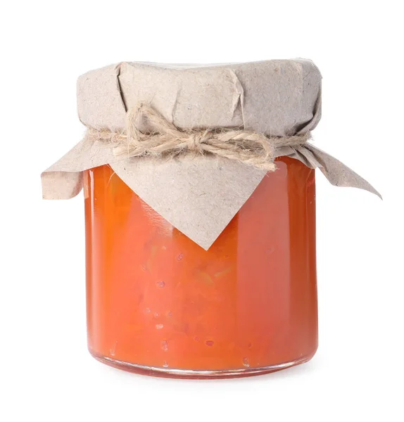 Jar Delicious Pumpkin Jam Isolated White — Stock Photo, Image