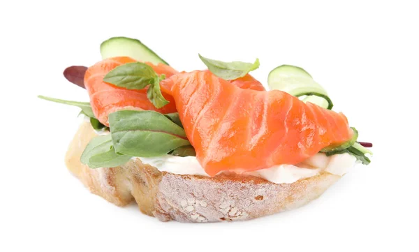 stock image Tasty bruschetta with salmon, cucumbers and herbs on white background