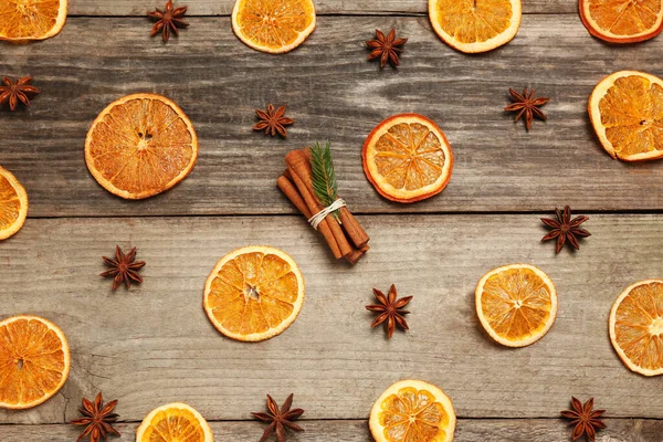 Flat Lay Composition Dry Orange Slices Anise Stars Cinnamon Sticks — Fotografia de Stock