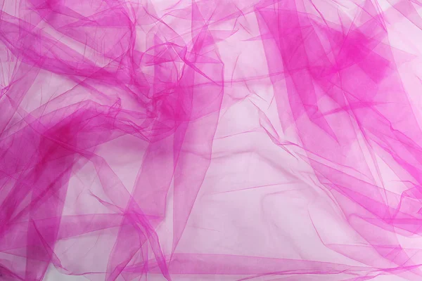 Красивая Розовая Ткань Тюля Белом Фоне Вид Сверху — стоковое фото