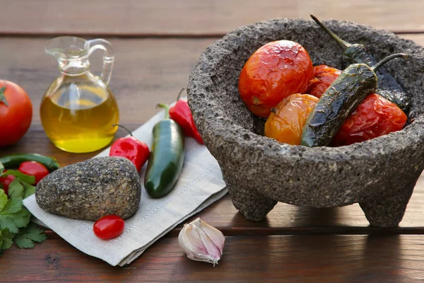 Ingredients Tasty Salsa Sauce Pestle Mortar Wooden Table — Stock Photo, Image