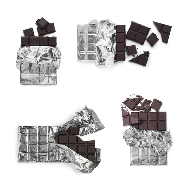 Collage Met Lekkere Gebroken Chocoladerepen Witte Achtergrond Bovenaanzicht — Stockfoto
