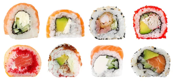 Sada Lahodné Různé Sushi Rolky Bílém Pozadí — Stock fotografie