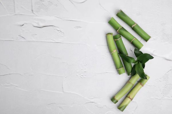 Trozos Hermosos Tallos Bambú Verde Sobre Fondo Blanco Texturizado Disposición —  Fotos de Stock
