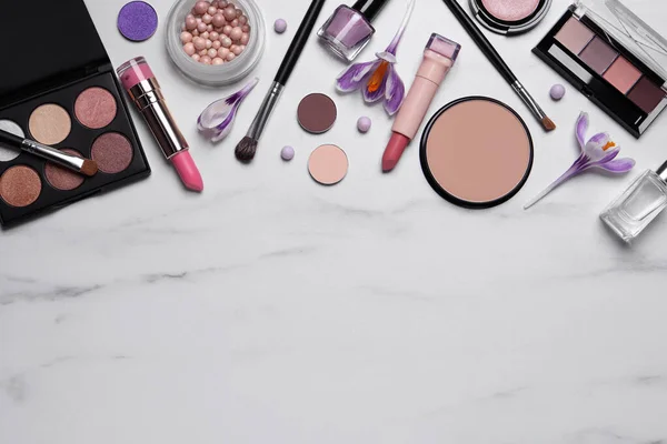 Flat Lay Composition Different Makeup Products Beautiful Crocuses White Marble — Stock Photo, Image